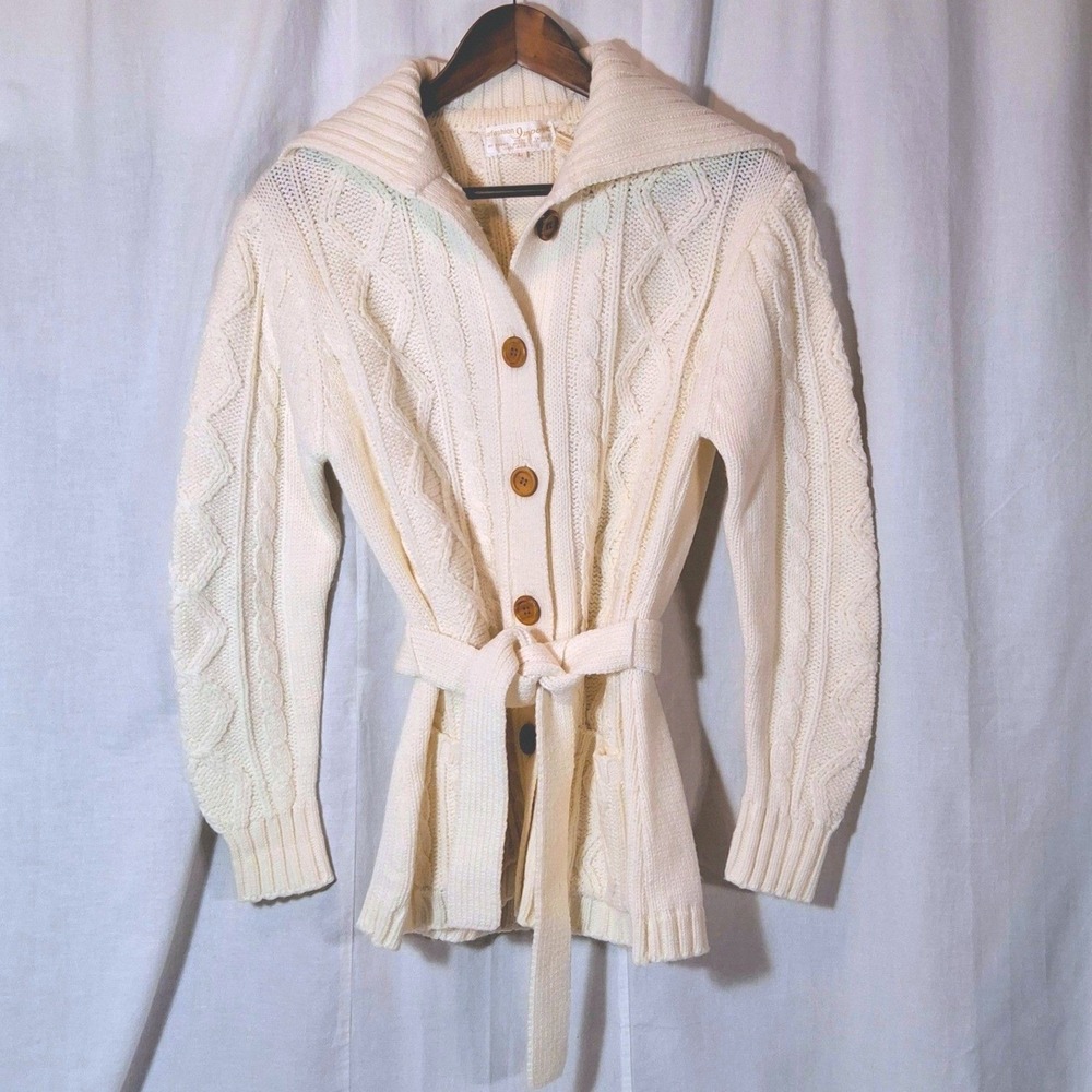 Vintage aFashion Import Cream Cable Knit Belted Cardigan Sweater Shawl Collar L
